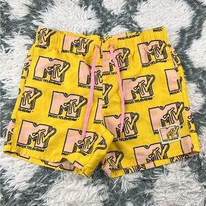 MTV Men's Yellow Pink Swim Trunks Logo Print Size Medium No Lining